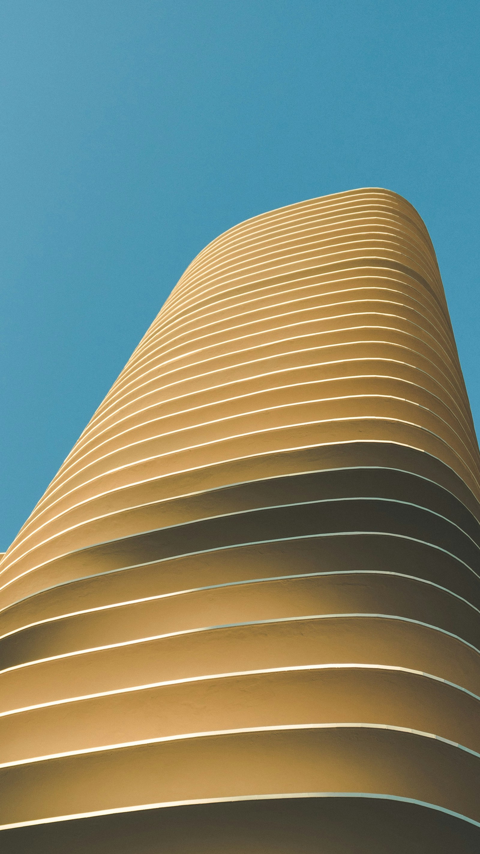 Sweeping curves of contemporary architecture against a blue sky